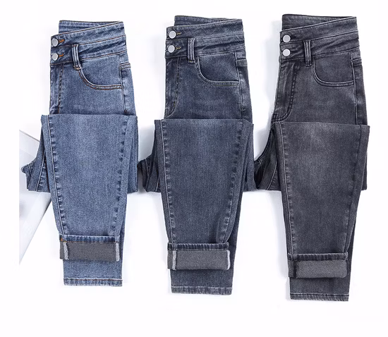 Warme Winter-Thermo-Leggings aus Jeans-Fleece mit hoher Taille und Pelzlinie