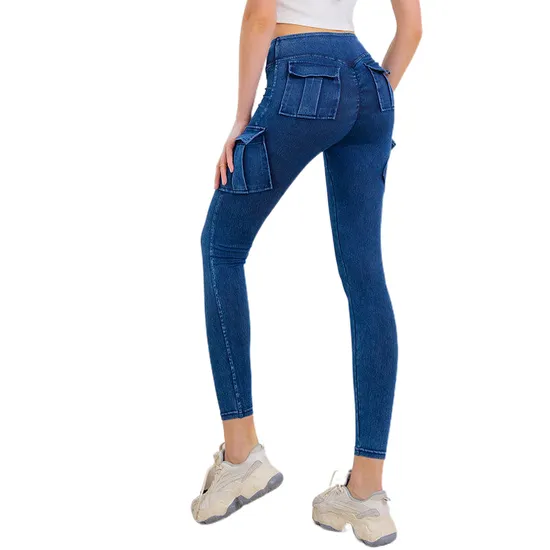 Denim Jeans Blau Enge Damen Sport Leggings Gym Fitness Yoga Hosen Leggings