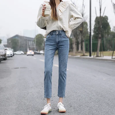 2020 neue koreanische beiläufige mittlere Taille blaue Strech-Denim-Jeans Bootcut-Hosen-Leggings