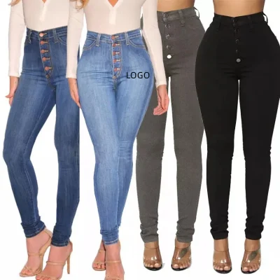 Großhandel Lady Fashion Button Fly Denim Skinny Slim Jeans mit hoher Taille