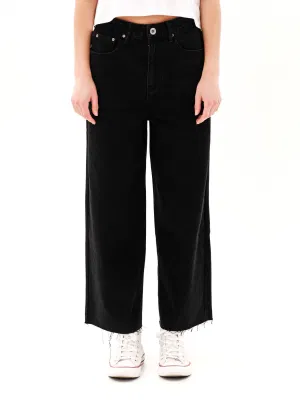 Damen-Jeans, 100 % Baumwolle, schwarzer Denim, Enzymwaschung, knöchellang, offene Kante, weites Bein, lockere Passform